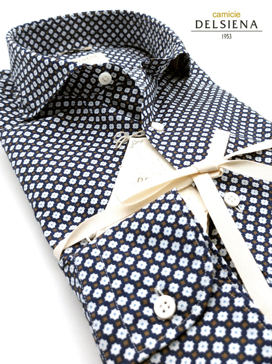 Camicia in Cotone Fantasia Geometrica Bianca e Marrone Fondo Blu Collo Francese Cutaway