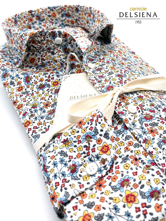 Camicia in Cotone Fantasia Floreale Multicolore Fondo Bianco Collo Francese Cutaway