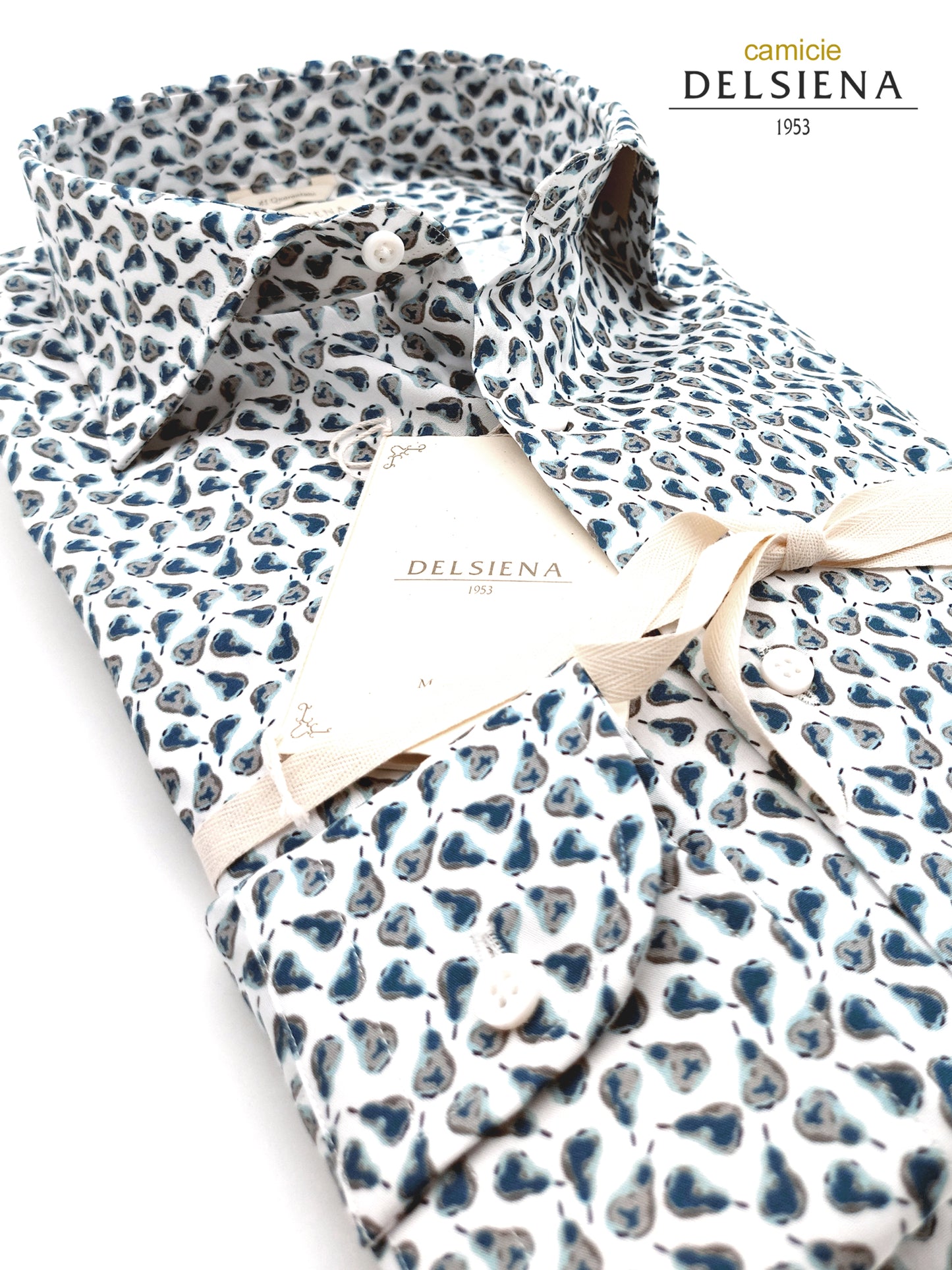 Camicia in Cotone Fantasia Pera Ottanio e Grigio Fondo Bianco Collo Francese