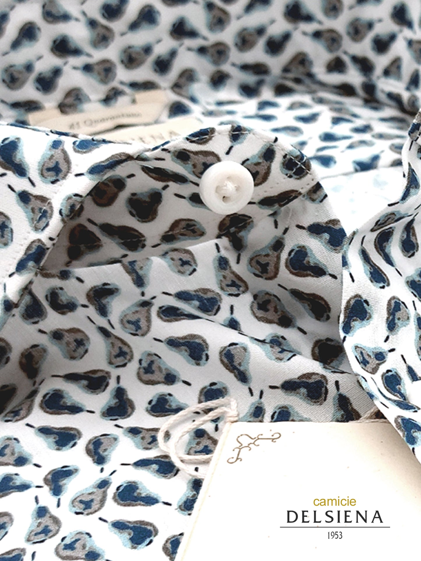 Camicia in Cotone Fantasia Pera Ottanio e Grigio Fondo Bianco Collo Francese