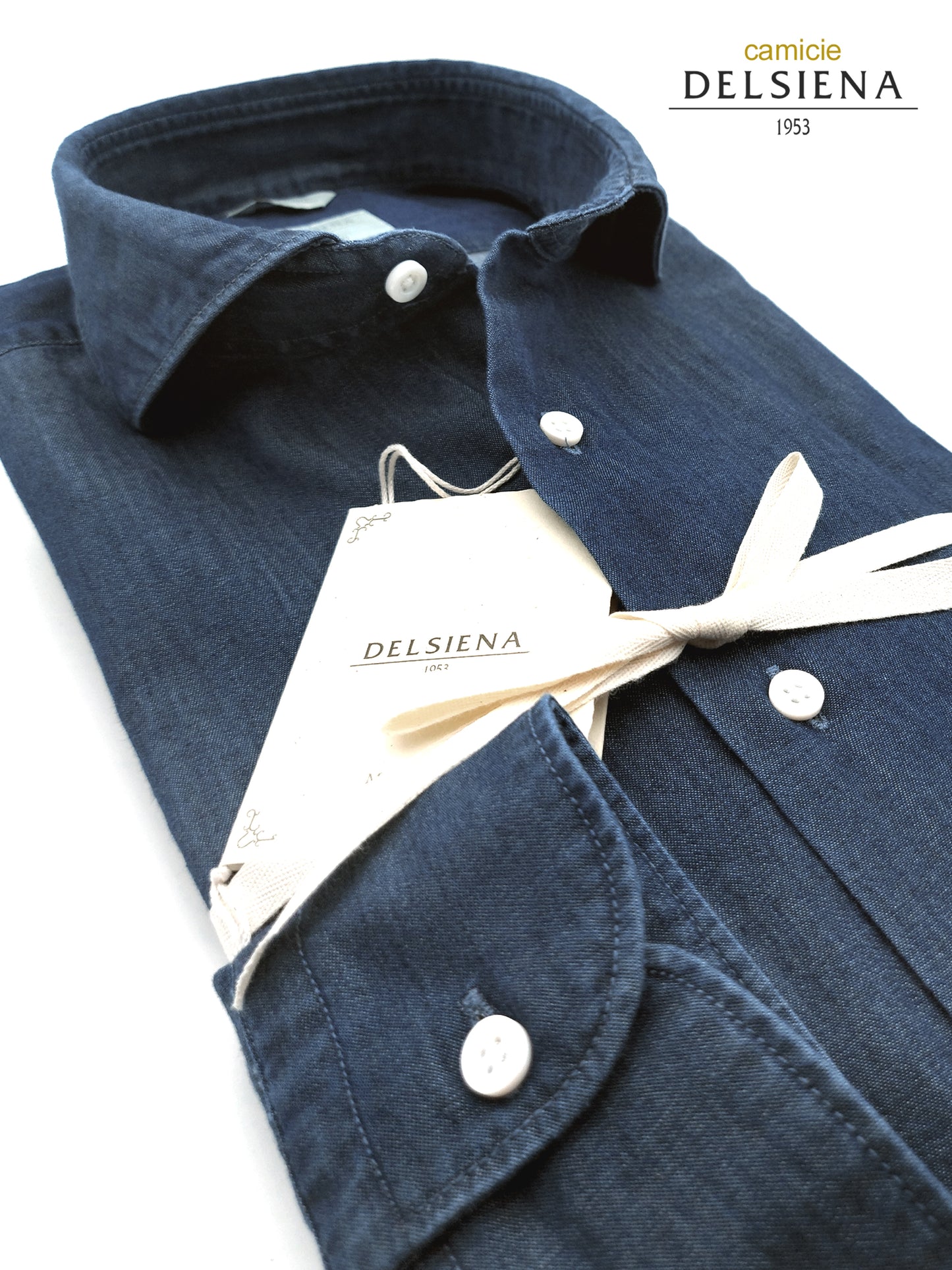 Camicia in Cotone Denim Extra Fine Color Jeans Medio Collo Francese Cutaway
