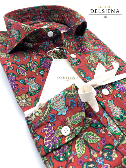 Camicia in Cotone Fantasia Paisley Multicolore Fondo Rosso Collo Francese