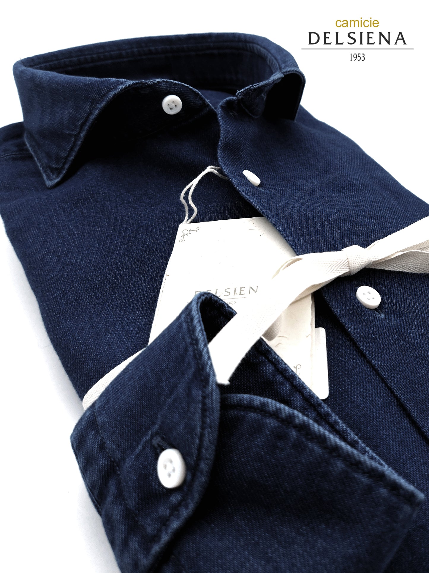 Camicia in Cotone Drill Denim Color Blu Jeans  Collo Francese Cutaway