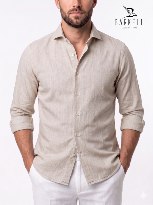 Pure Linen Sand Shirt with Cutaway French Collar