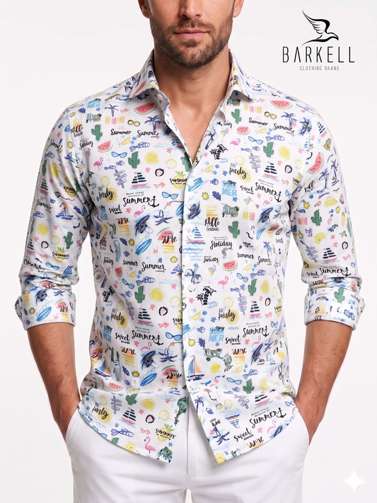 Multicolored Summer Patterned Cotton Shirt with White Background. Small French Collar