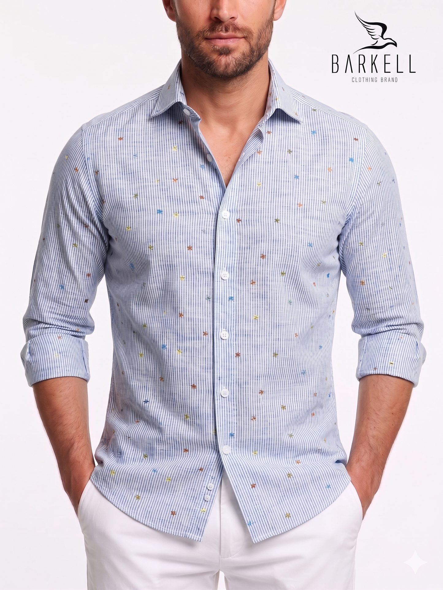 Camicia in Cotone Fantasia Riga Blu e Fiori Multicolore Fondo Bianco Collo Francese Piccolo