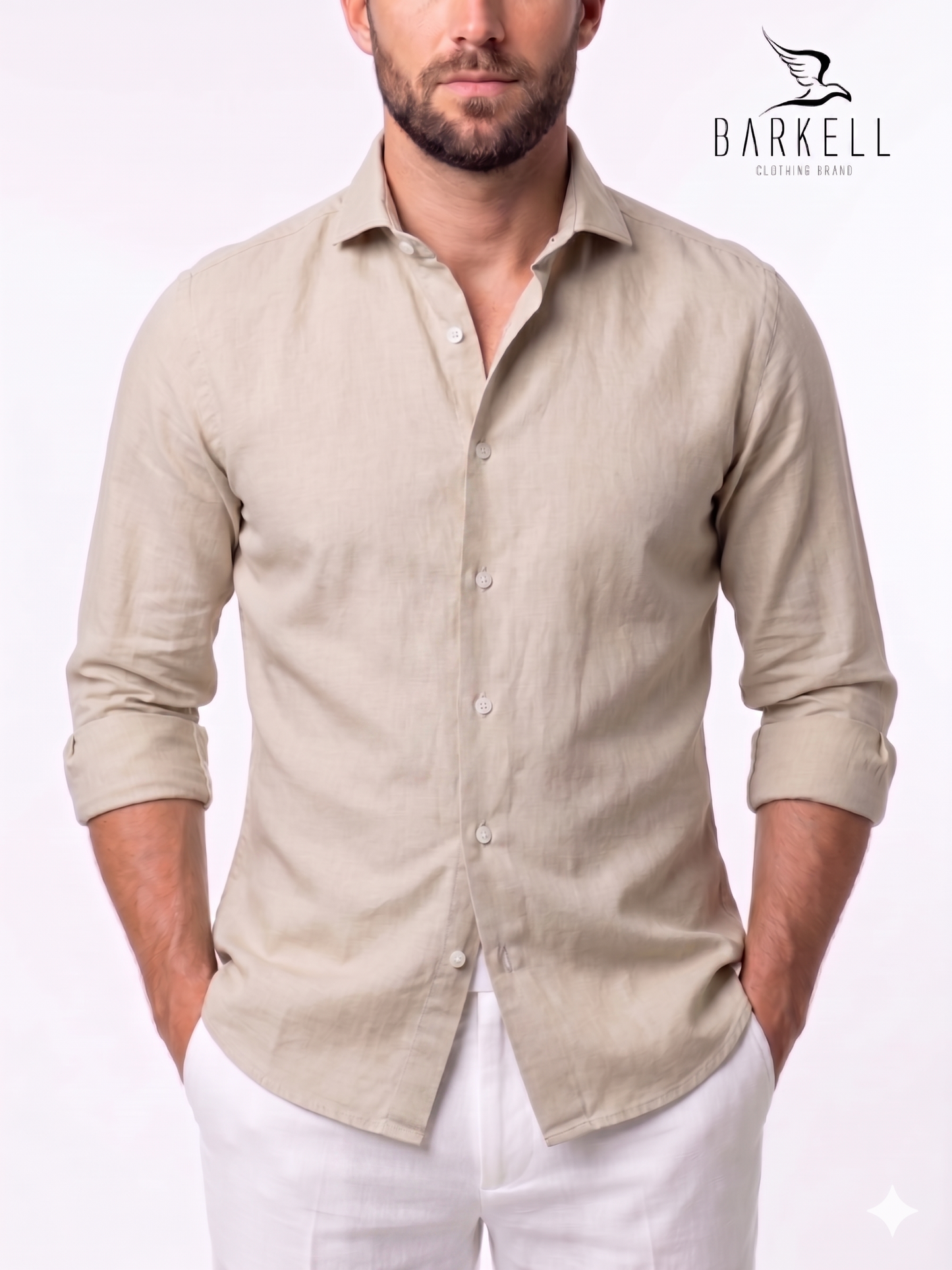 Camisa vaquera lavada de algodón cambray en color arena con cuello italiano