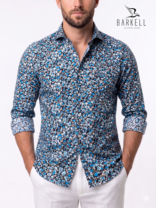 Camicia in Cotone Fantasia Floreale Multicolore Fondo Nero Collo Francese Cutaway
