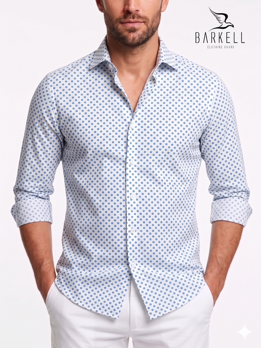 Cotton Shirt with Blue Stars Pattern on White Background with Small Spread Collar