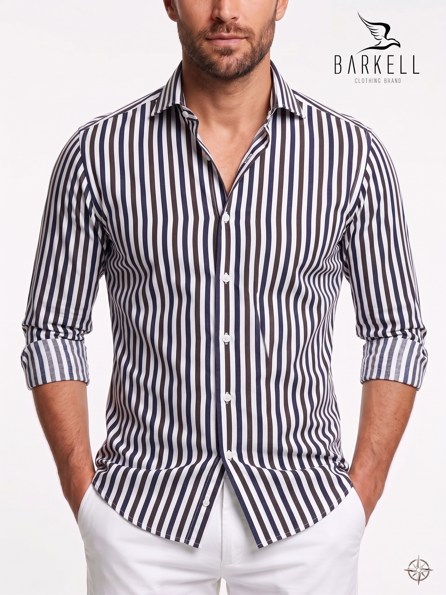 Camicia in Cotone Rigata Blu e Marrone Collo Francese Piccolo