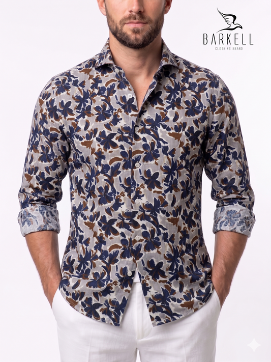 Camicia in Cotone Fiammato Fantasia Ibisco Blu e Marrone Fondo Grigio Collo Francese Cutaway