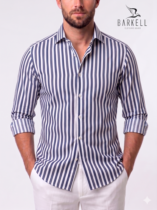 Camicia in Cotone Doppio Ritorto Rigata Blu e Bianco Collo Francese