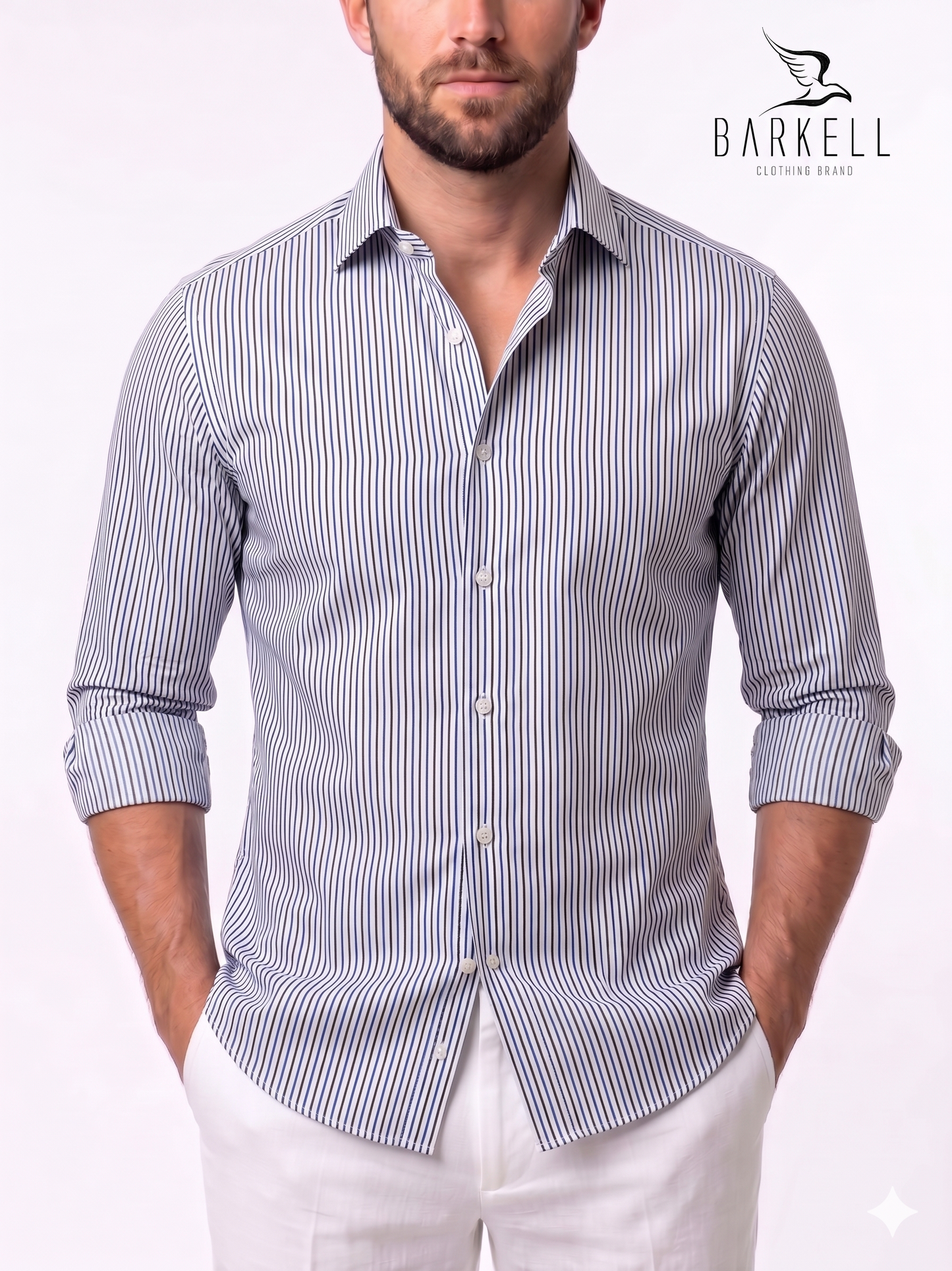 Camicia in Cotone e Cly Rigata Blu e Marrone Collo Francese