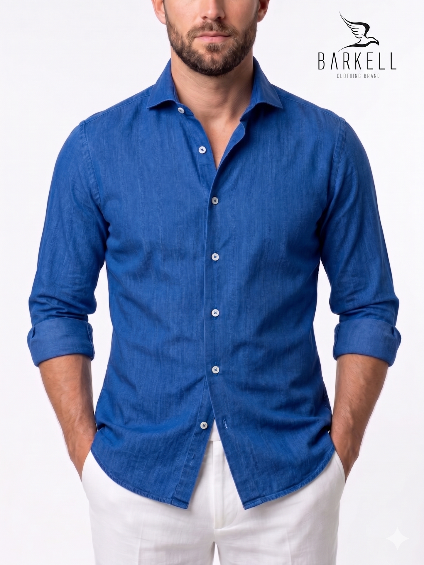 Camicia in Puro Lino Blu Elettrico Collo Francese Cutaway