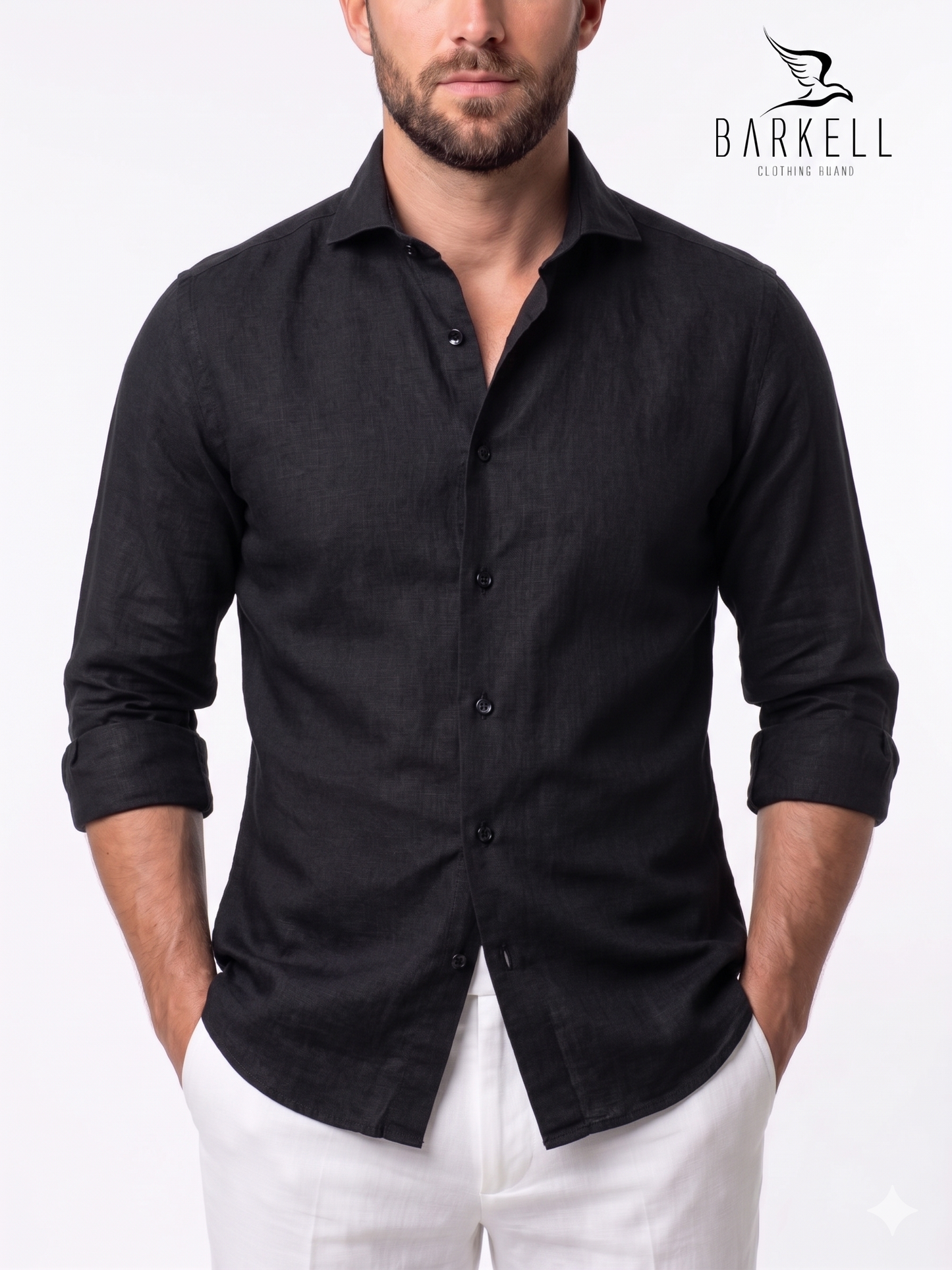 Camisa de puro lino negro con cuello italiano