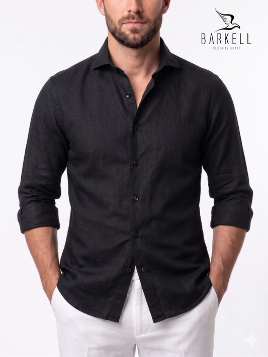 Shirt in Pure Black Linen with Cutaway Spread Collar