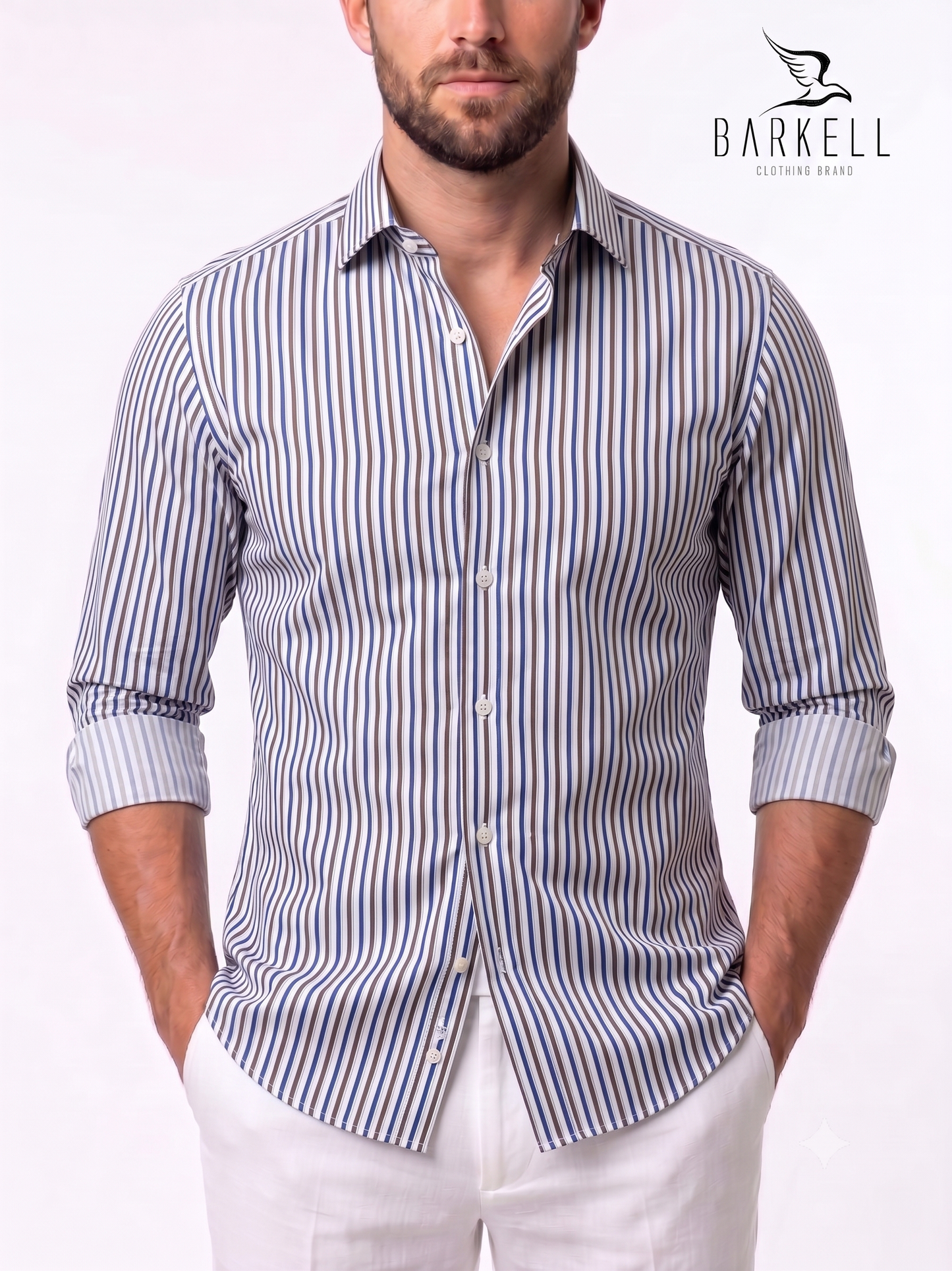 No-Iron Cotton Shirt Striped Blue and Brown White Background French Collar