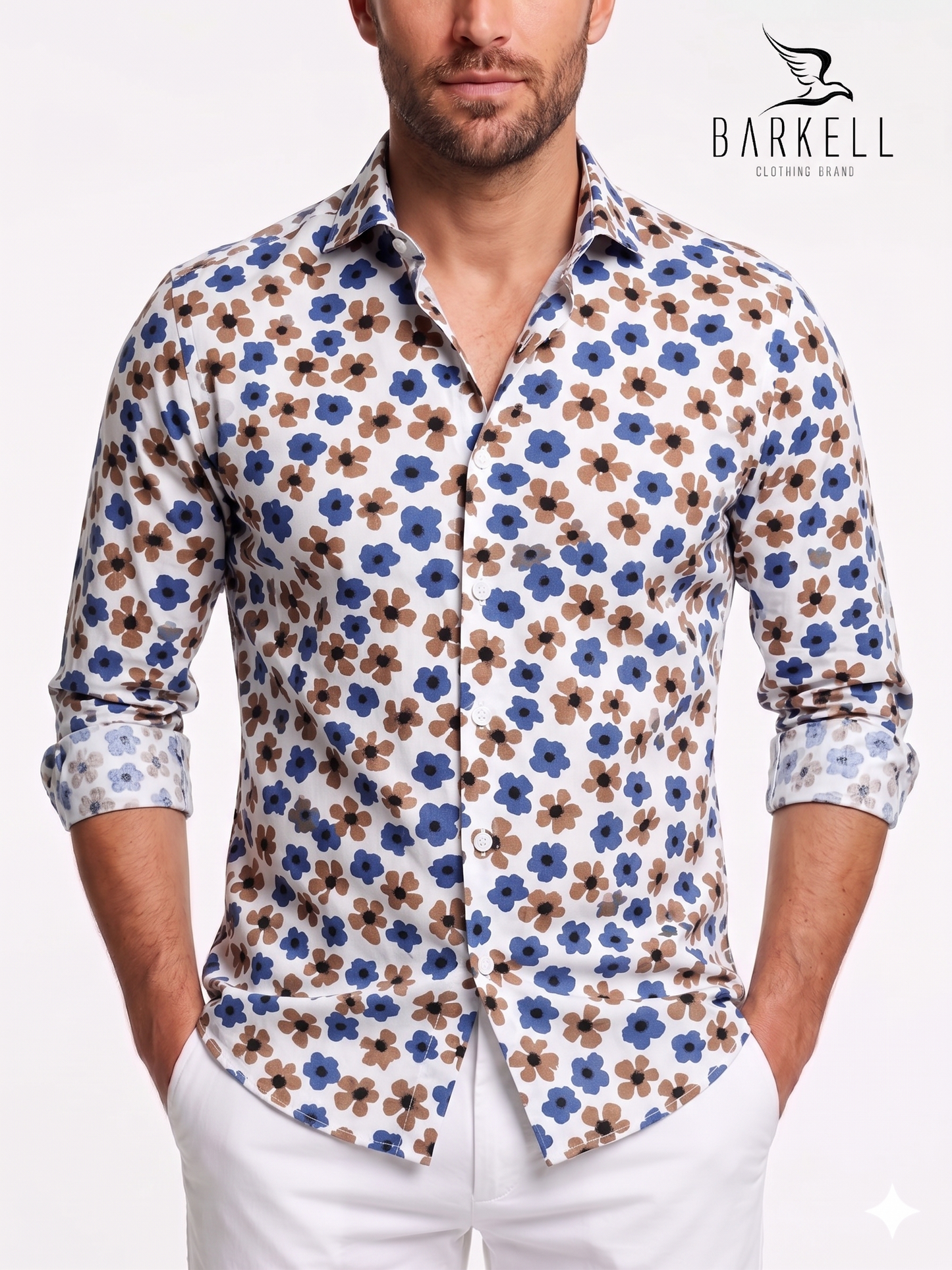 Camicia in Cotone Fantasia Fiore Nocciola e Blu Fondo Bianco Collo Francese Piccolo