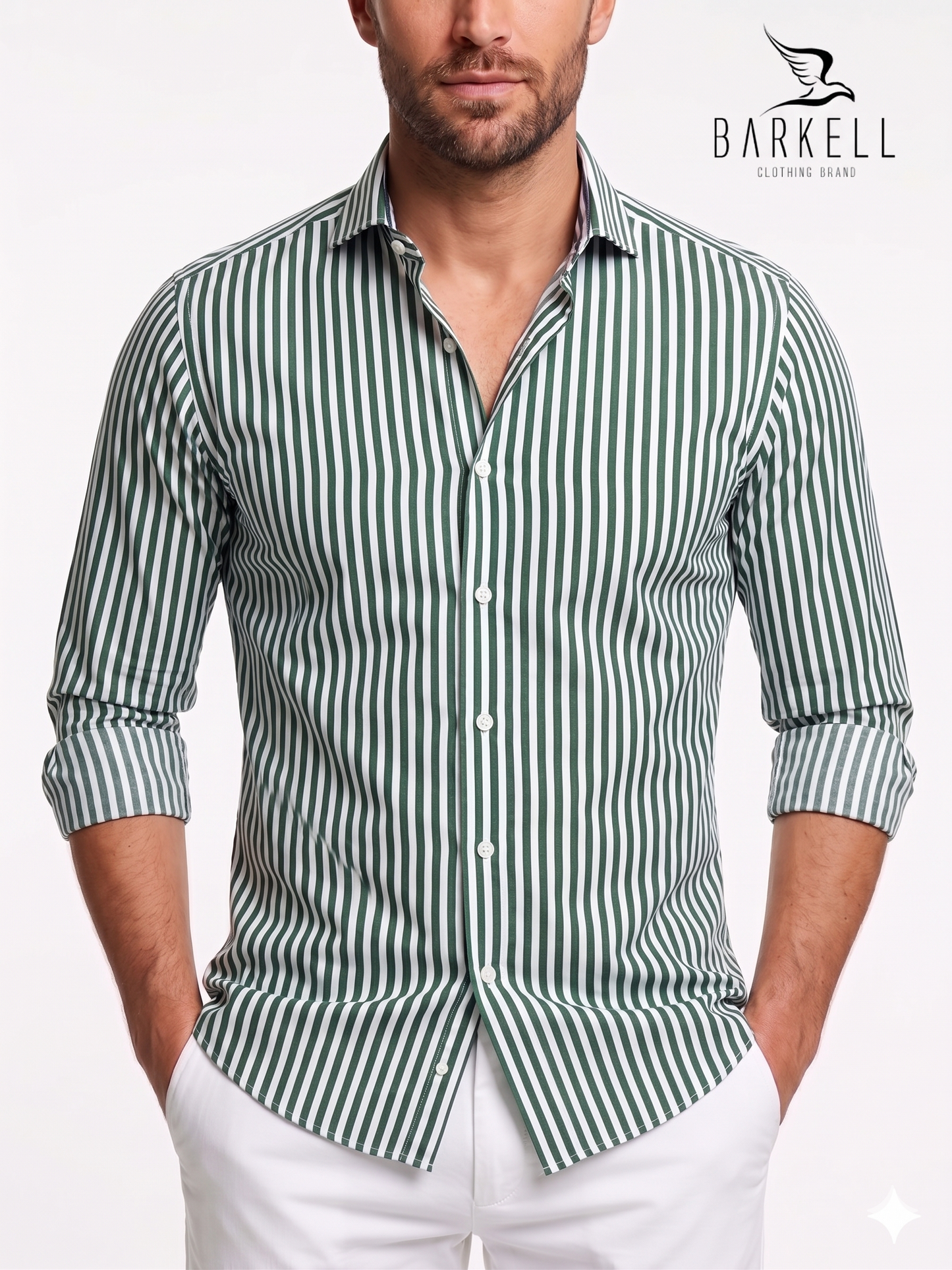 Camicia in Cotone Rigata Verde e Bianco Collo Francese Piccolo