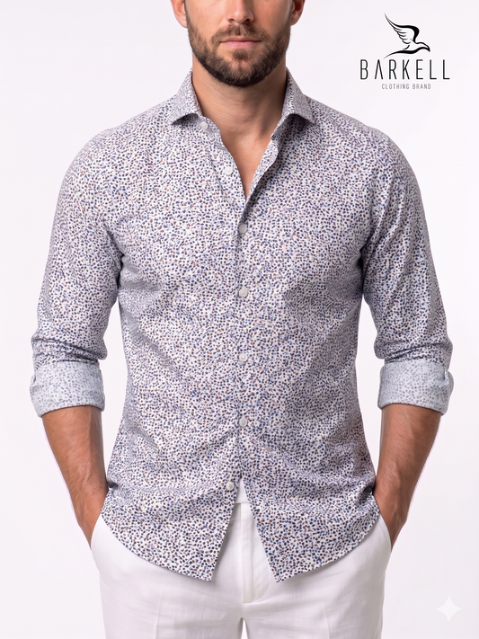Cotton Shirt with Multicolored Flowers Pattern on White Background with Cutaway Spread Collar