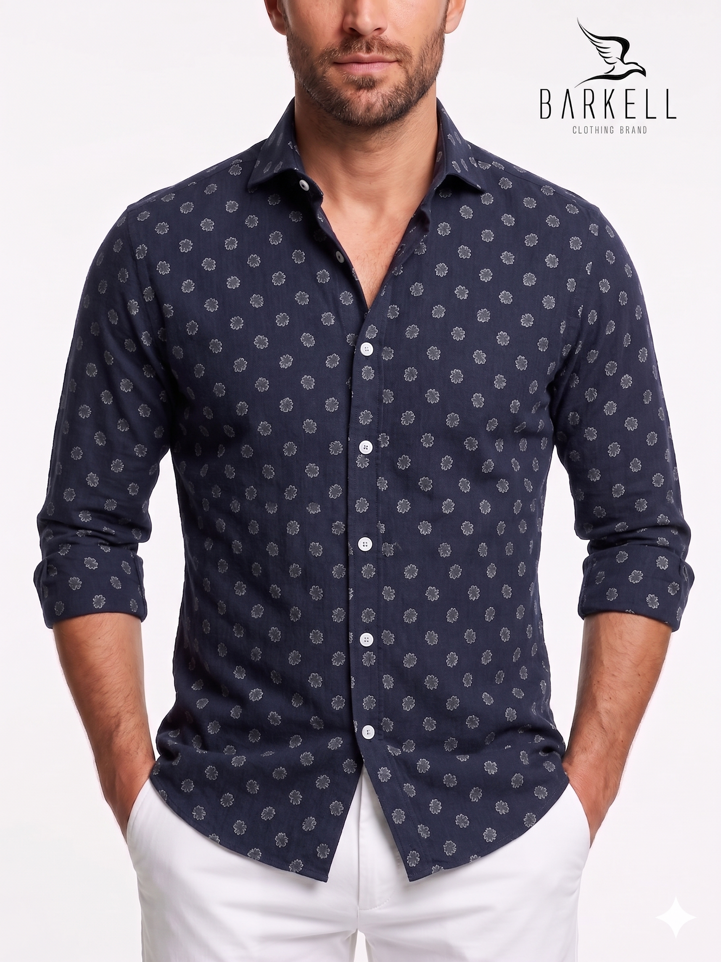 Camicia in Cotone Fantasia Foglia Grigia Fondo Blu Collo Francese Piccolo
