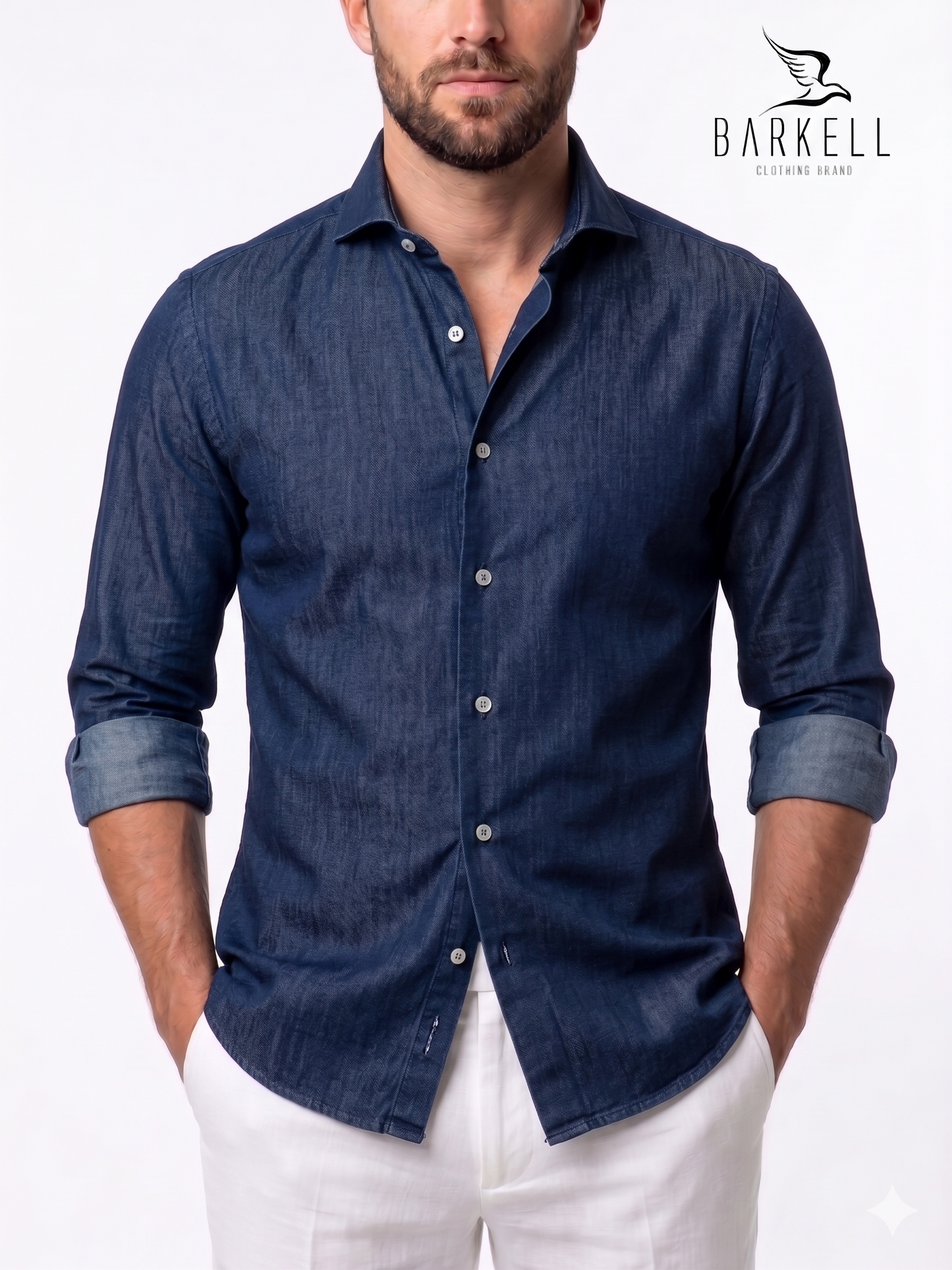 Camisa vaquera de algodón lavado color jeans Cuello italiano medio