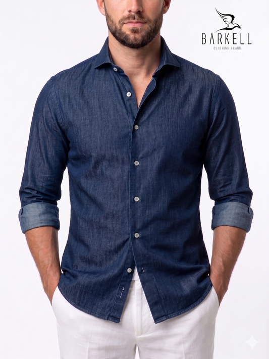 Camisa vaquera de algodón lavado color jeans Cuello italiano medio