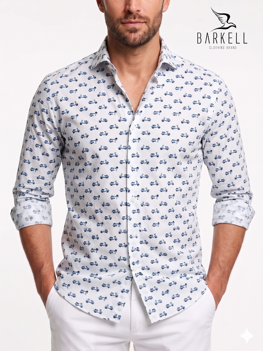 Cotton Shirt with Blue Vespa Pattern on White Background with Small Spread Collar