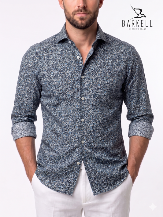 Cotton Shirt with Multicolored Flowers Pattern on Black Background with Cutaway Spread Collar