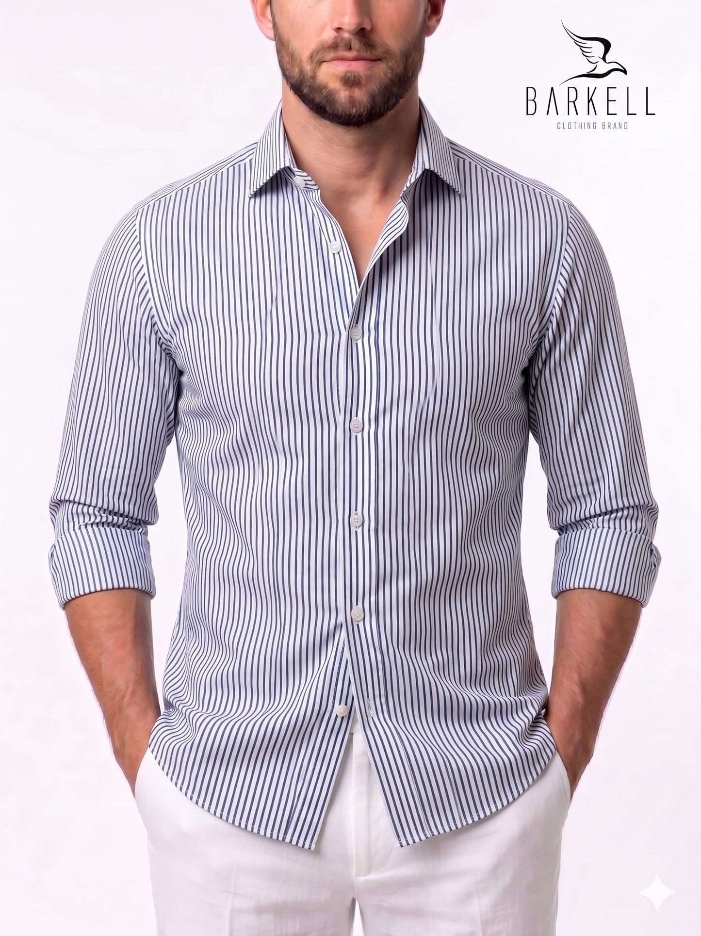 Blue and White Striped No-Iron Cotton Shirt with French Collar