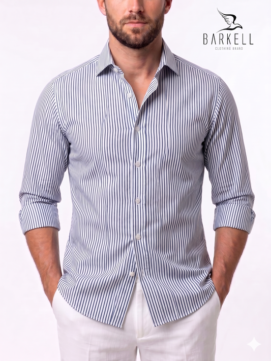 Camicia in Cotone No Stiro Rigata Blu e Bianco Collo Francese