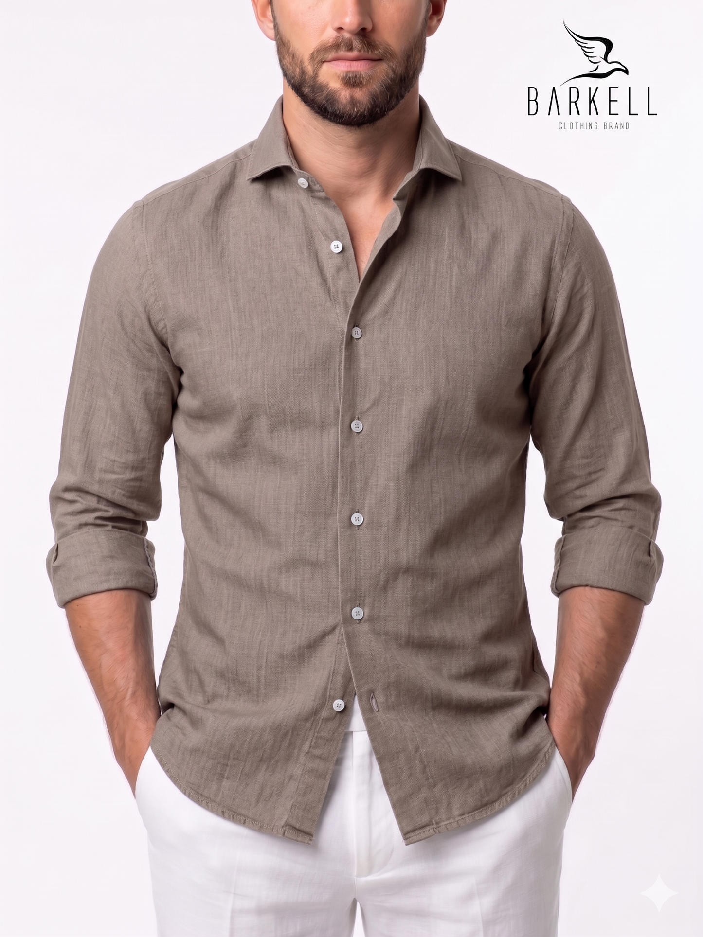 Camicia in Misto Lino Marrone Chiaro Collo Francese Cutaway