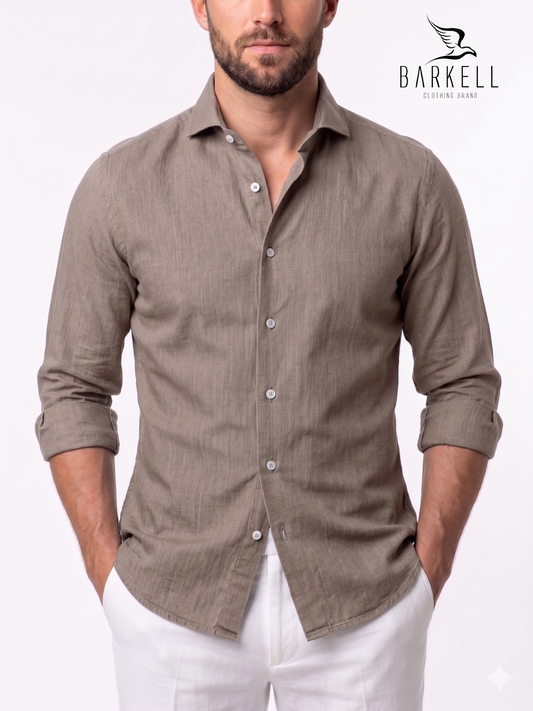 Light Brown Linen Blend Shirt with Cutaway Spread Collar