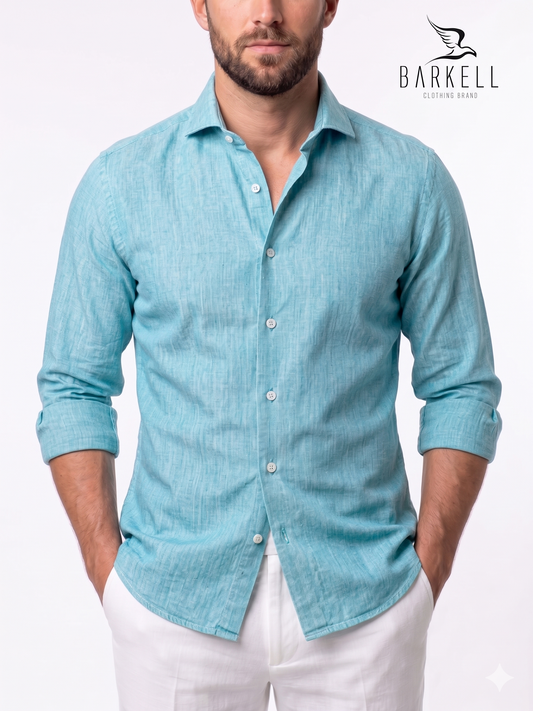 Turquoise Linen Blend Shirt with Cutaway Cutaway Collar
