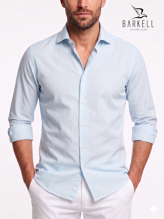 Powder Blue Poplin Cotton Shirt with Small Spread Collar
