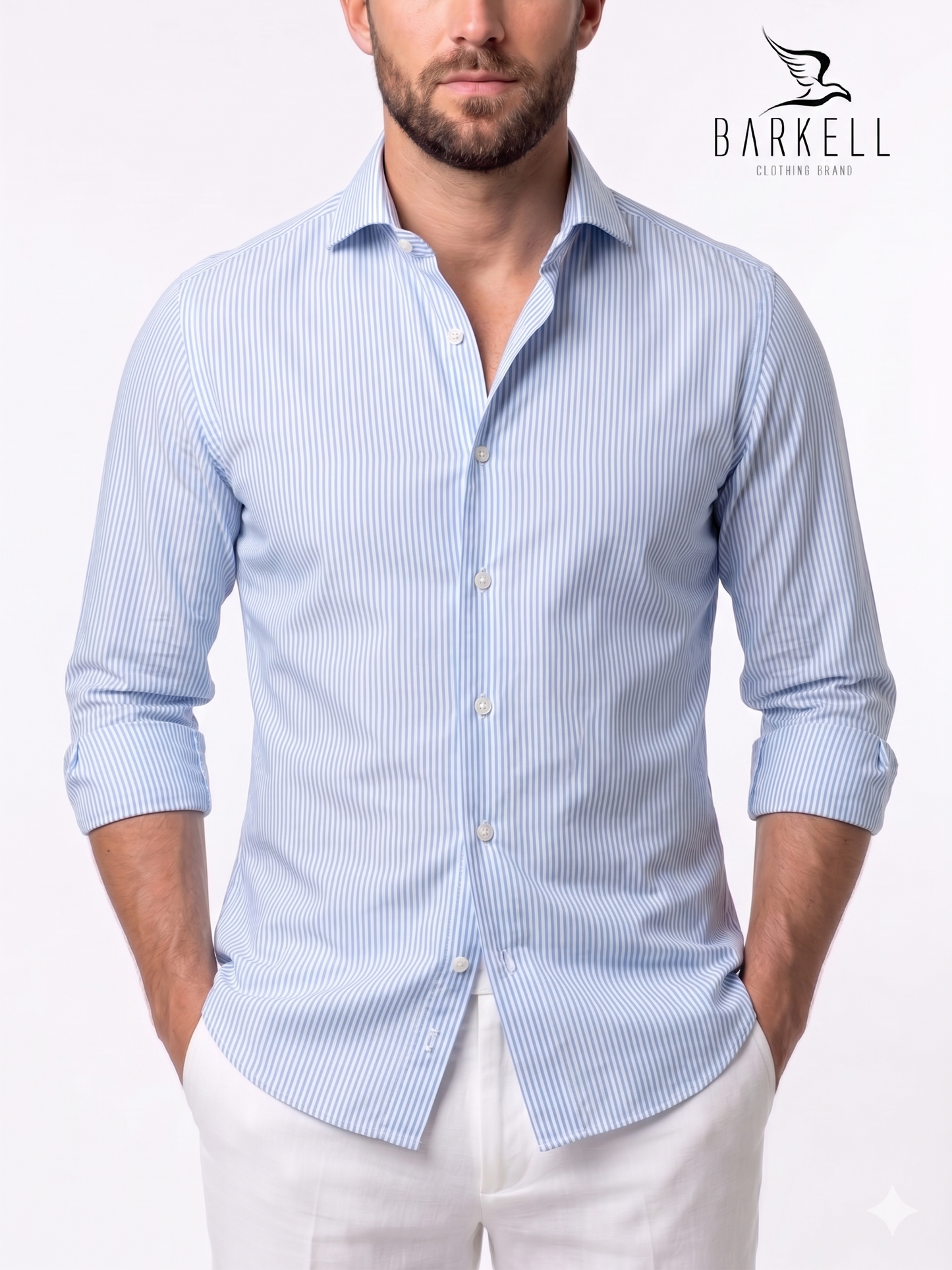 Camicia in Cotone Rigata Bianca e Celeste Collo Francese Spread