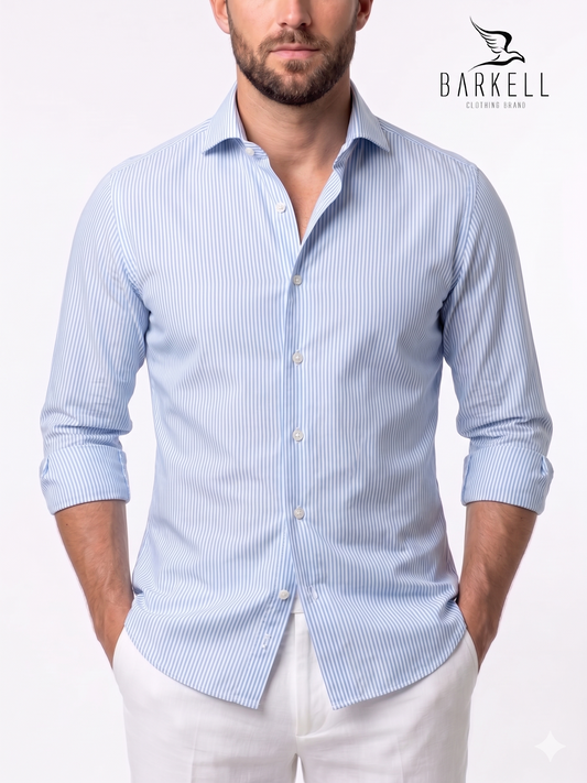 Camisa de algodón a rayas blancas y celestes con cuello italiano