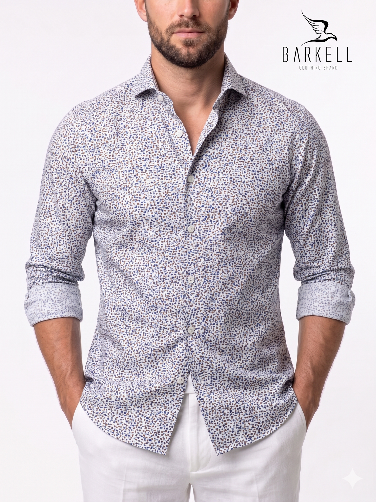 Cotton Shirt with Multicolored Flowers Pattern on White Background with Cutaway Spread Collar