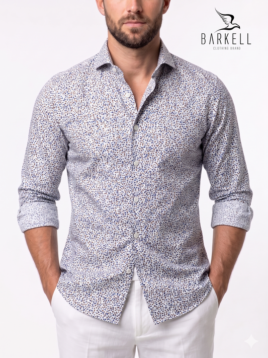 Cotton Shirt with Multicolored Flowers Pattern on White Background with Cutaway Spread Collar