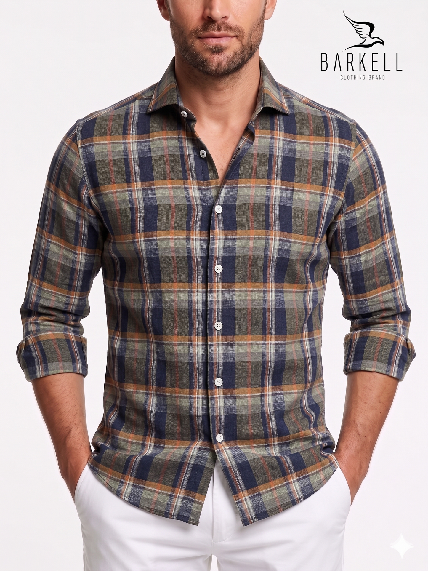 Camisa Puro Lino Cuadros Multicolor Fondo Barro Cuello Francés Pequeño