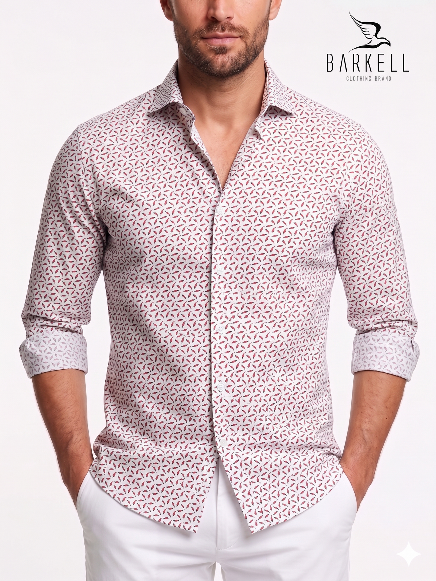Red Chili Pepper Patterned Cotton Shirt on White Background with Small Spread Collar