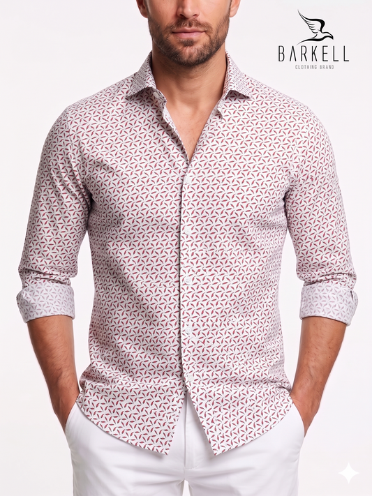 Red Chili Pepper Patterned Cotton Shirt on White Background with Small Spread Collar