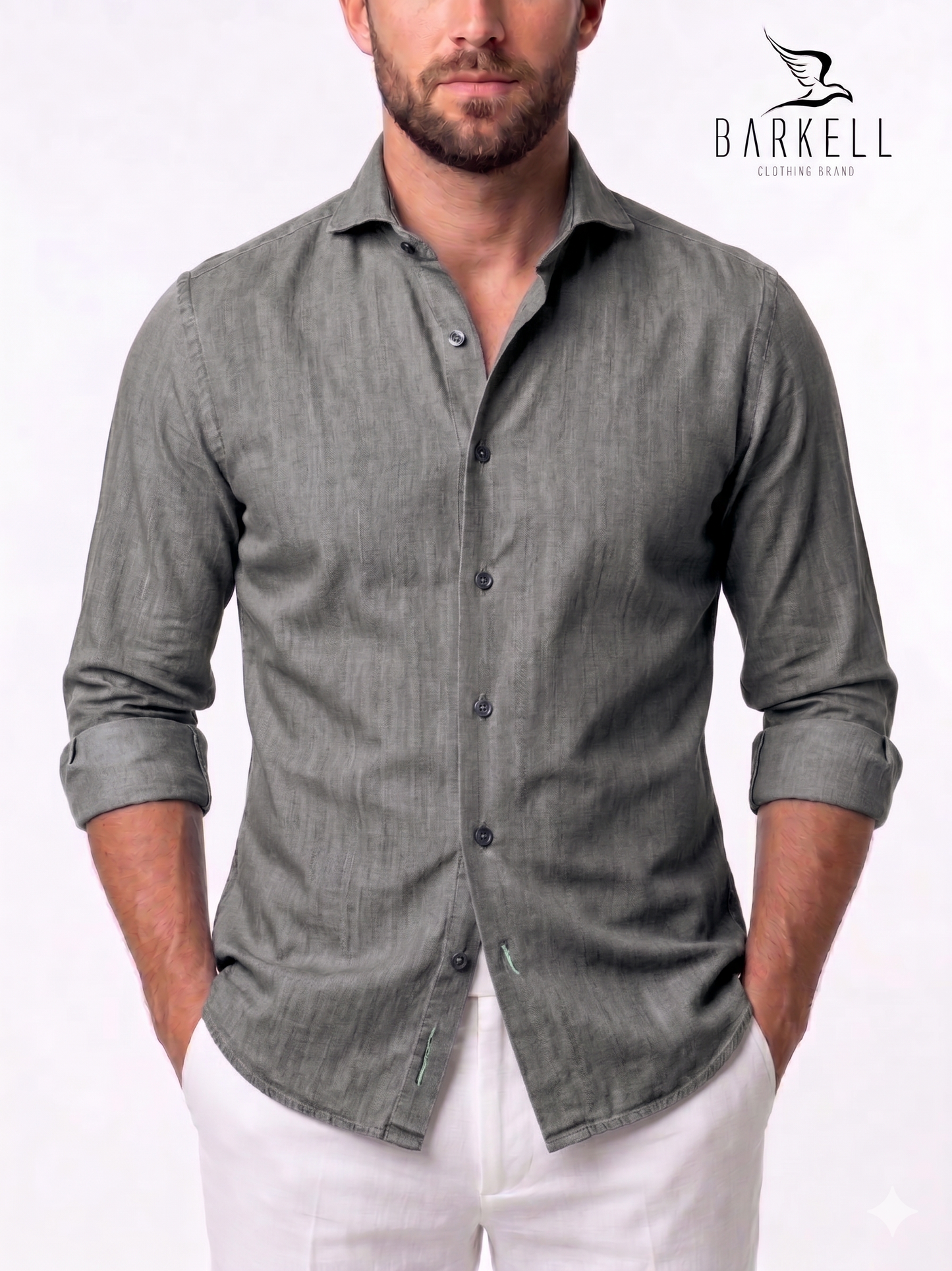 Camisa vaquera de algodón de cambray lavada en negro desteñido con cuello italiano