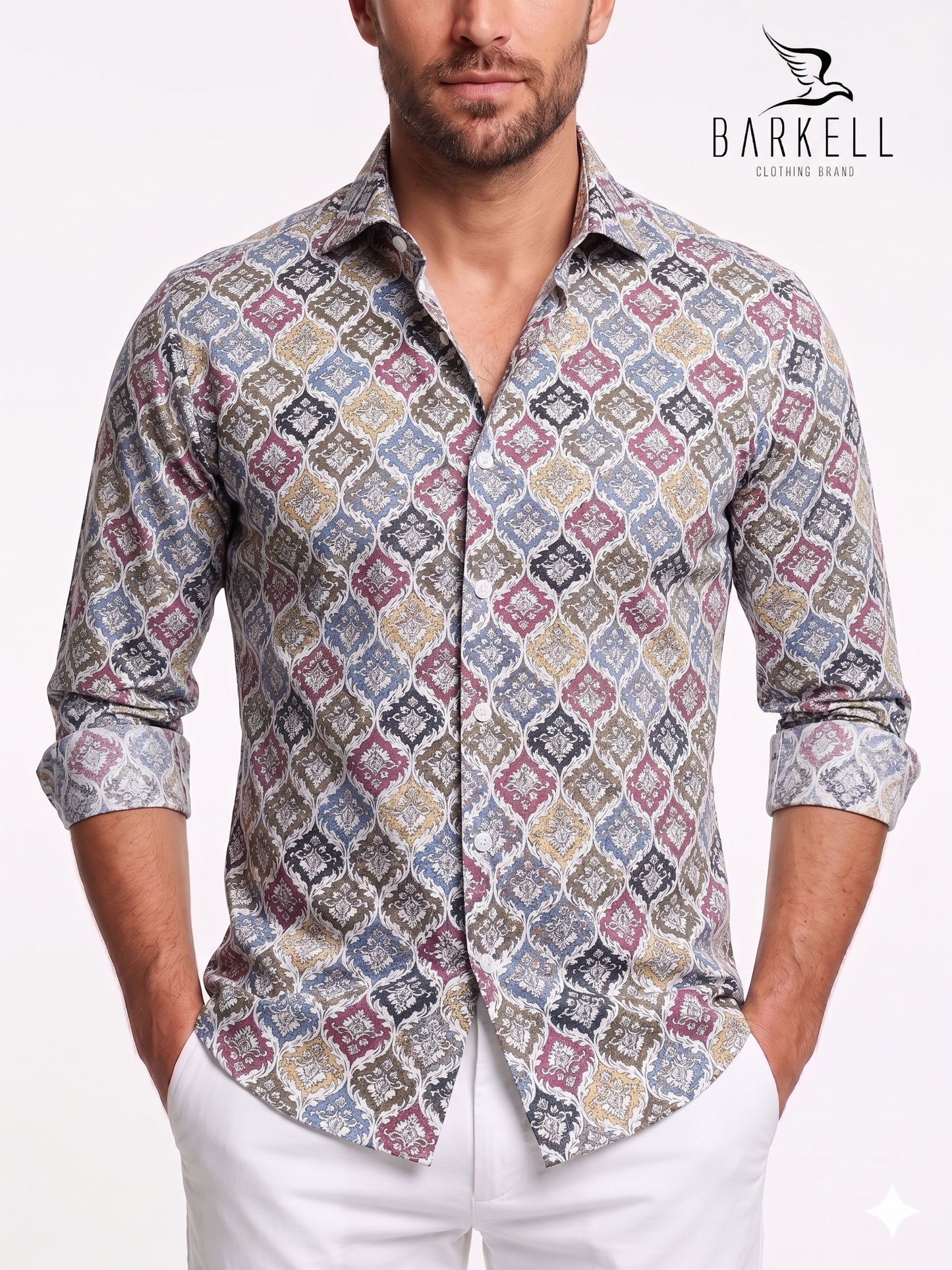 Camicia in Cotone Fantasia Maioliche Multicolore Fondo Bianco Collo Francese Piccolo