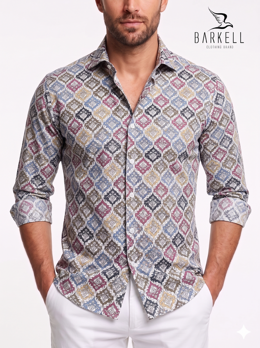 Cotton Shirt with Multicolored Majolica Pattern on White Background with Small Spread Collar