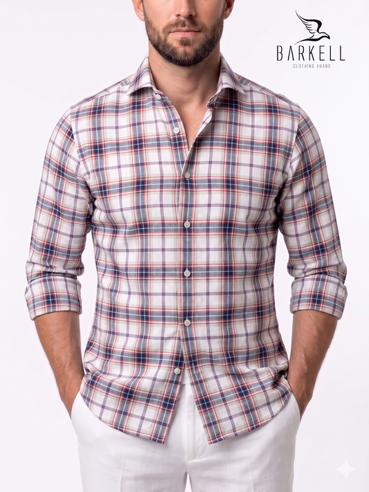 Camicia in Misto Lino Quadro Multicolore Fondo Bianco Collo Francese Cutaway