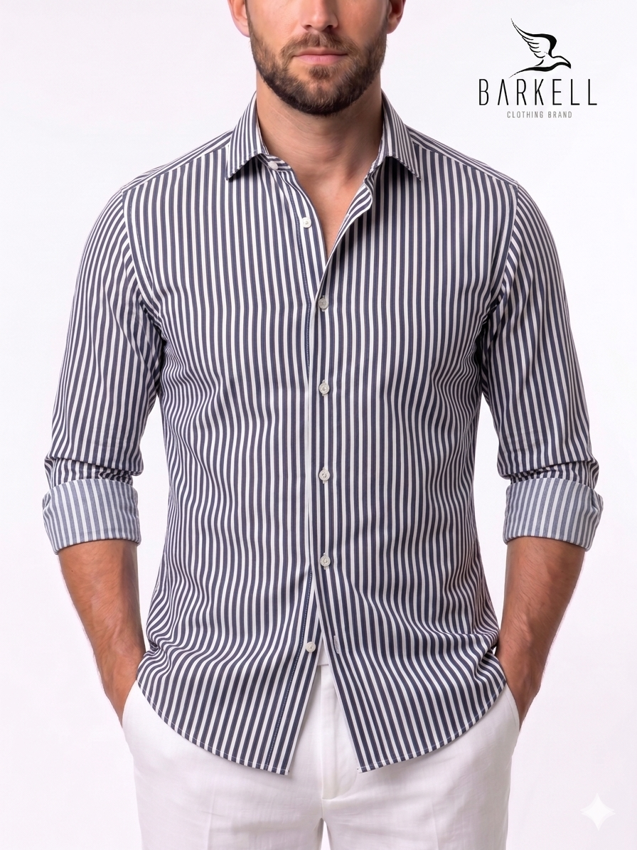No-Iron Cotton Shirt Striped Blue and Brown White Background French Collar