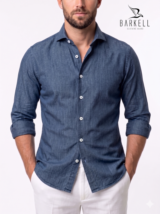 Cutaway French Collar Jeans Linen Blend Shirt