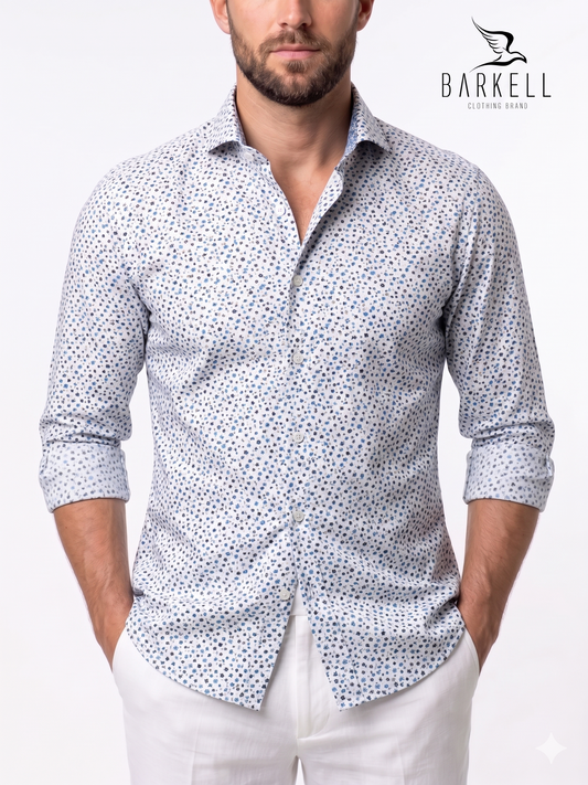 Camicia in Cotone Fantasia Fiorellini Multicolore Fondo Bianco Collo Francese Piccolo