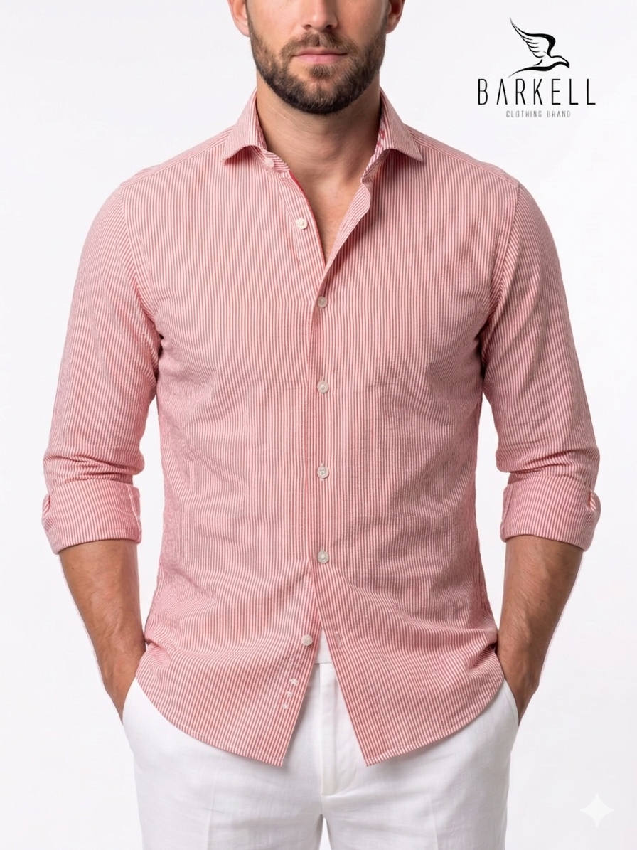 Camicia in Cotone Seersucker Rigata Rosso Aranciato e Bianco Collo Francese Cutaway